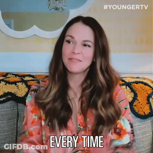 A Woman Is Sitting On A Couch And Saying " Every Time " GIF