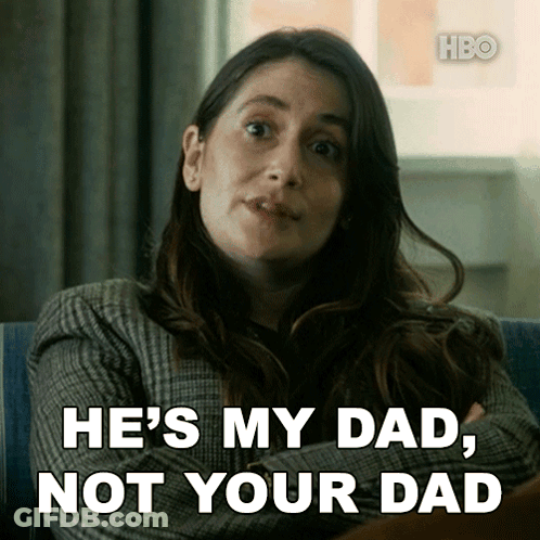 A Woman Is Sitting On A Couch And Says He 'S My Dad , Not Your Dad GIF