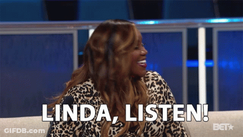 A Woman Is Sitting On A Couch And Says " Linda Listen " GIF