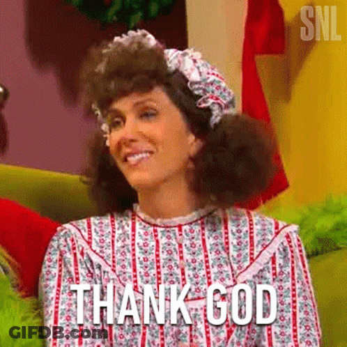 A Woman Is Sitting On A Couch And Smiling With The Words `` Thank God '' Written Above Her . GIF