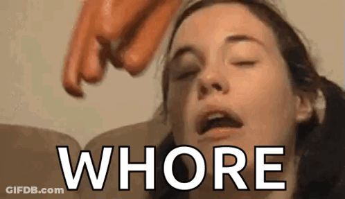 A Woman Is Sitting On A Couch With Her Eyes Closed And A Person Is Pointing At Her Face With The Word Whore . GIF