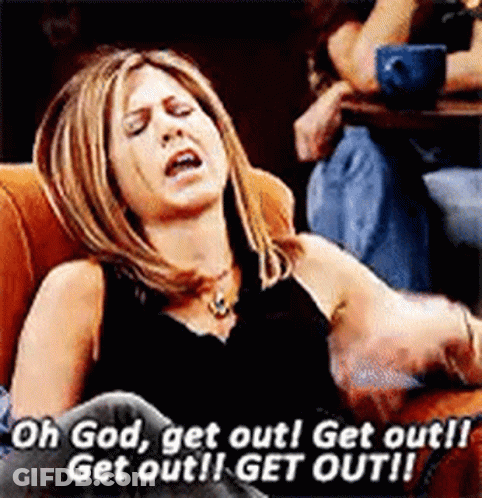 A Woman Is Sitting On A Couch With Her Eyes Closed And Says Oh God Get Out Get Out Get Out Get Out GIF