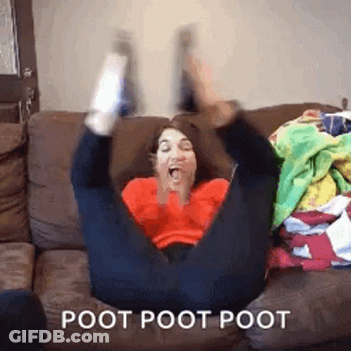 A Woman Is Sitting On A Couch With Her Legs In The Air And The Caption Poot Poot Poot . GIF