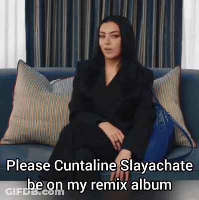 A Woman Is Sitting On A Couch With The Words Please Cuntaline Slayachete Be On My Remix Album GIF
