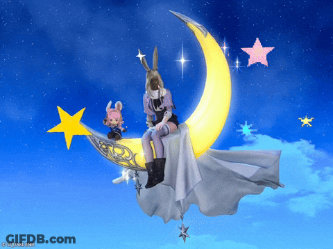 A Woman Is Sitting On A Crescent Moon With A Stuffed Animal Behind Her GIF