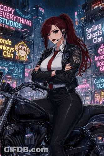 A Woman Is Sitting On A Motorcycle In Front Of Neon Signs That Say Copy Everything Studios And Smiling Ghosts Clan GIF