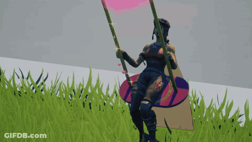 A Woman Is Sitting On A Swing In The Grass With A Pink Heart In The Background GIF