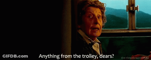 A Woman Is Sitting On A Train And Says Anything From The Trolley Dears . GIF