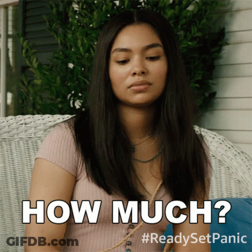 A Woman Is Sitting On A Wicker Chair With The Words How Much On Her Face GIF