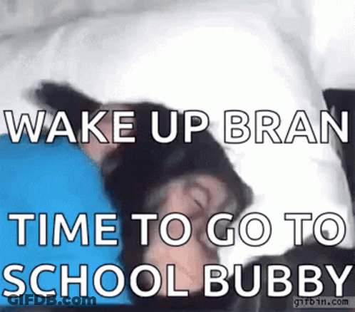 A Woman Is Sleeping In A Bed With The Words Wake Up Bran Time To Go To School Bubby GIF