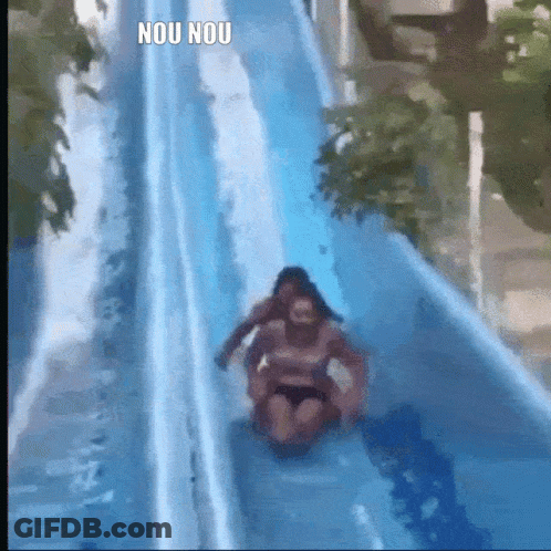 A Woman Is Sliding Down A Water Slide With The Words Nou Nou Written On The Bottom GIF