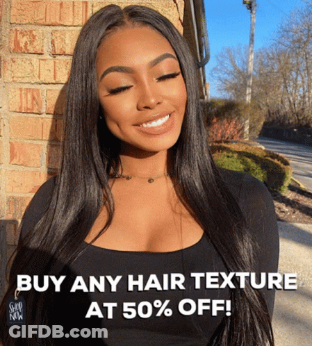 A Woman Is Smiling In Front Of A Brick Wall With The Words Buy Any Hair Texture At 50 % Off Below Her GIF