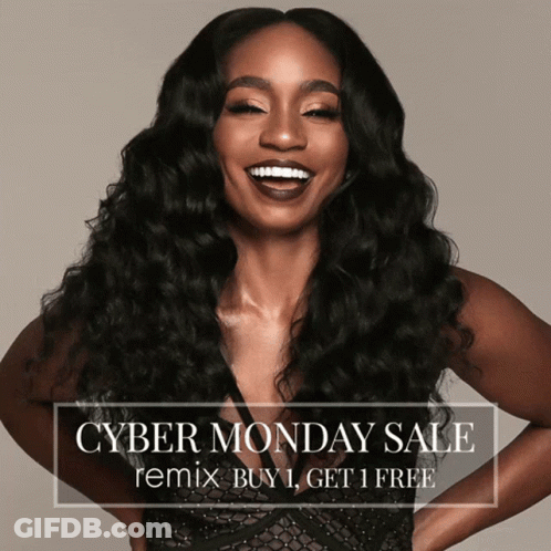 A Woman Is Smiling In Front Of A Cyber Monday Sale Advertisement GIF