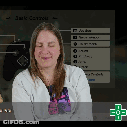 A Woman Is Smiling In Front Of A Screen That Says " Basic Controls " On It GIF