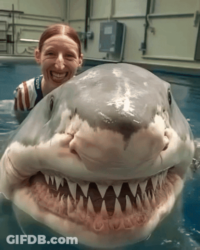 A Woman Is Smiling Next To A Shark That Has A Shirt That Says Usa On It GIF