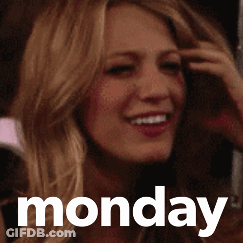 A Woman Is Smiling With The Word Monday Behind Her GIF