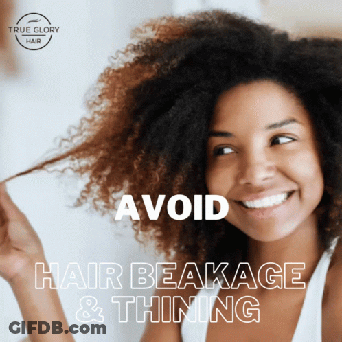 A Woman Is Smiling With The Words Avoid Hair Beakage & Thinning GIF