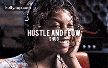 A Woman Is Smiling With The Words `` Hustle And Flow Smug '' Written Above Her . GIF
