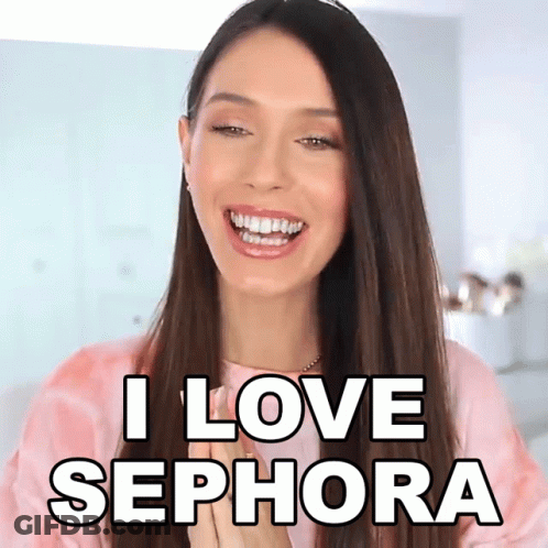 A Woman Is Smiling With The Words I Love Sephora Above Her GIF
