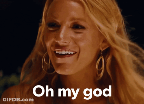 A Woman Is Smiling With The Words Oh My God Written Below Her GIF