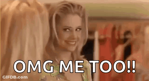 A Woman Is Smiling With The Words `` OMG Me Too '' Written Next To Her . GIF