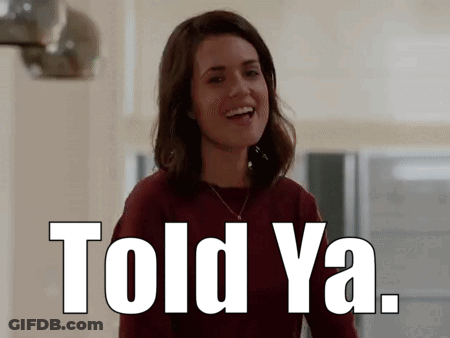A Woman Is Smiling With The Words `` Told Ya '' Written Above Her . GIF
