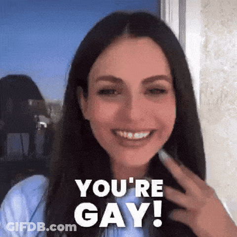 A Woman Is Smiling With The Words You 'Re Gay On Her Face GIF