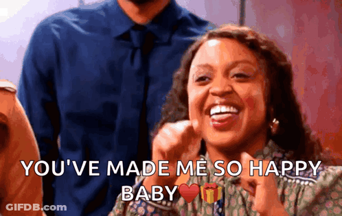A Woman Is Smiling With The Words You 'Ve Made Me So Happy Baby GIF