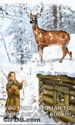 A Woman Is Sniffing Out A Big Buck In The Snow . GIF