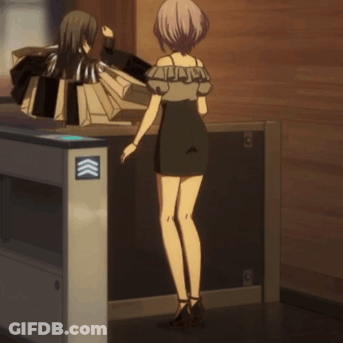 A Woman Is Squatting Down In Front Of A Machine That Has Three Arrows Pointing Up GIF