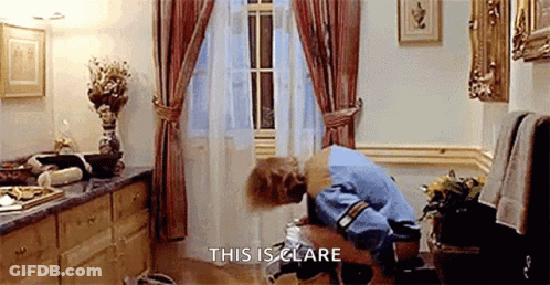 A Woman Is Squatting On A Toilet In A Bathroom With The Words `` This Is Clare '' . GIF