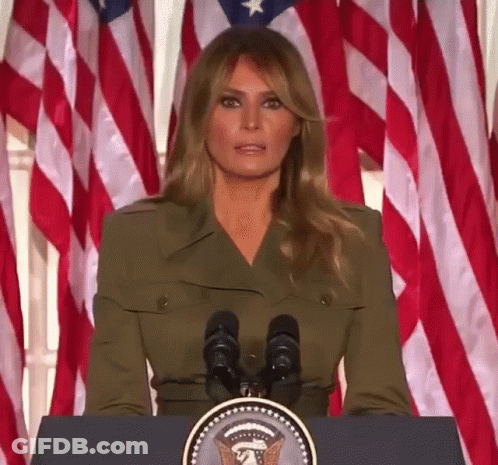 A Woman Is Standing At A Podium In Front Of A Row Of American Flags GIF