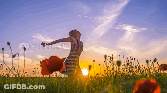 A Woman Is Standing In A Field With Her Arms Outstretched At Sunset GIF