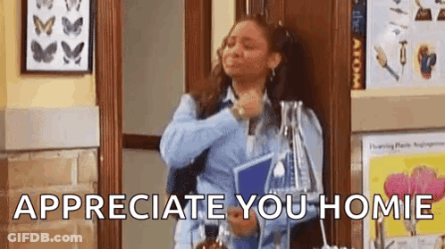 A Woman Is Standing In A Hallway Holding A Clipboard And A Bottle And Says `` Appreciate You Homies '' . GIF