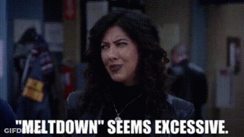 A Woman Is Standing In A Hallway With The Words `` Meltdown '' Seems Excessive Written Below Her . GIF