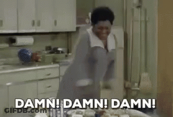 A Woman Is Standing In A Kitchen With The Words `` Damn ! Damn ! Damn ! '' . GIF