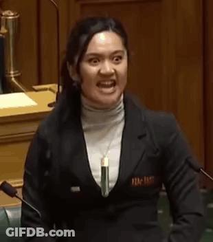 A Woman Is Standing In A Parliament Holding A Piece Of Paper And Screaming . GIF