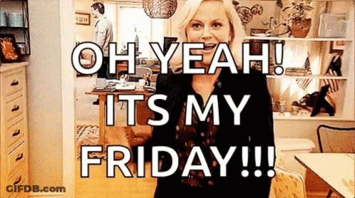 A Woman Is Standing In A Room With A Sign That Says `` Oh Yeah ! It 'S My Friday ! '' GIF