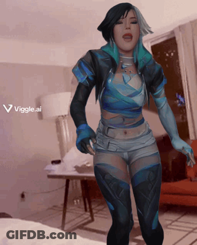 A Woman Is Standing In A Room With A Viggle.ai Logo GIF