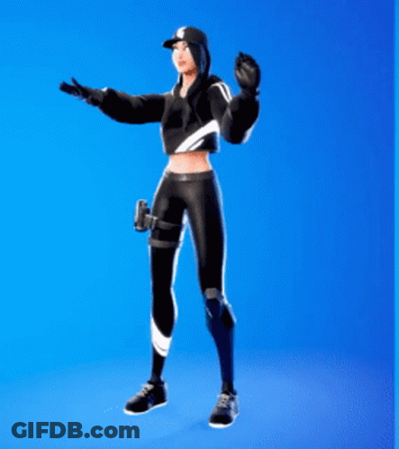 A Woman Is Standing In Front Of A Blue Background Wearing A Black Hoodie And Black Pants . GIF