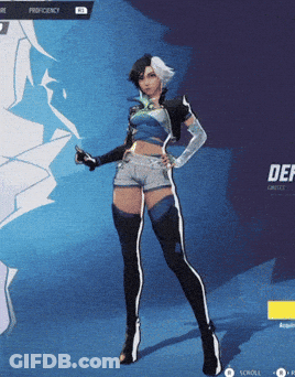 A Woman Is Standing In Front Of A Blue Background With The Word Def Visible GIF
