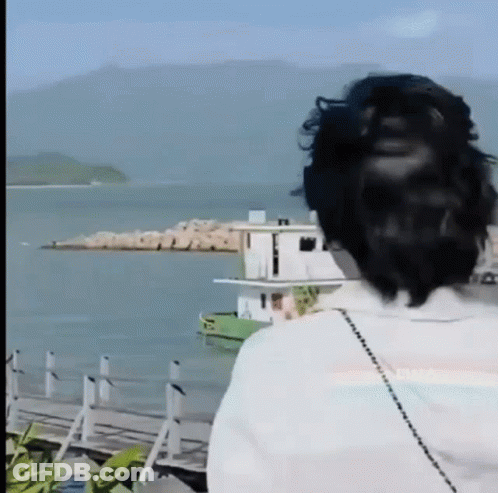 A Woman Is Standing In Front Of A Body Of Water . GIF