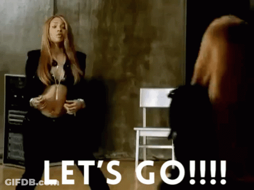 A Woman Is Standing In Front Of A Chair With The Words Let 'S Go !!! Below Her GIF
