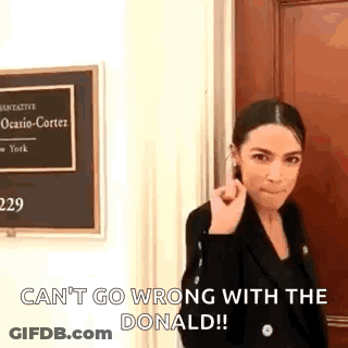 A Woman Is Standing In Front Of A Door With A Sign That Says `` Can T Go Wrong With The Donald '' . GIF