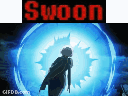 A Woman Is Standing In Front Of A Glowing Circle With The Word Swoon On It GIF