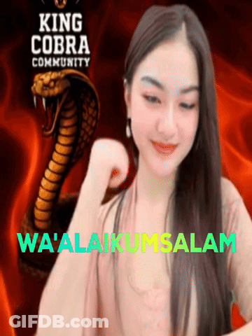 A Woman Is Standing In Front Of A King Cobra Community Logo GIF