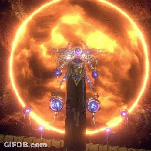 A Woman Is Standing In Front Of A Large Fire Circle GIF