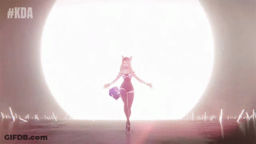 A Woman Is Standing In Front Of A Large Light With The Hashtag #Kda On The Bottom GIF