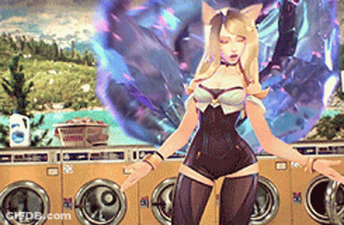 A Woman Is Standing In Front Of A Laundromat . GIF
