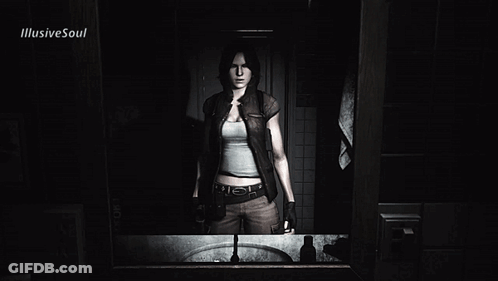 A Woman Is Standing In Front Of A Mirror With Illusive Soul Written On The Bottom GIF